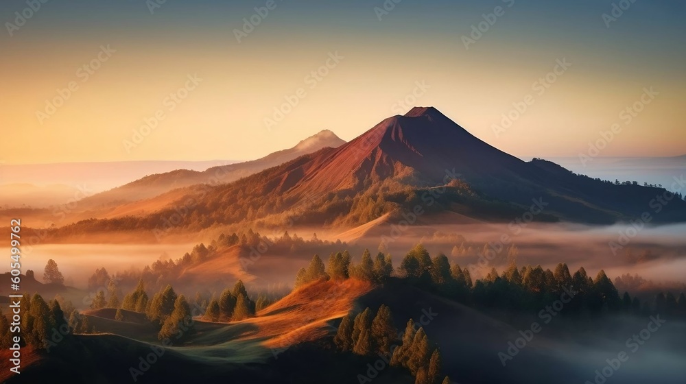 Misty morning light in volcano island mountain landscape. National park, Golden color sunrise moment. Top peak mountain in silhouette background. Travel destination generative ai variation 4