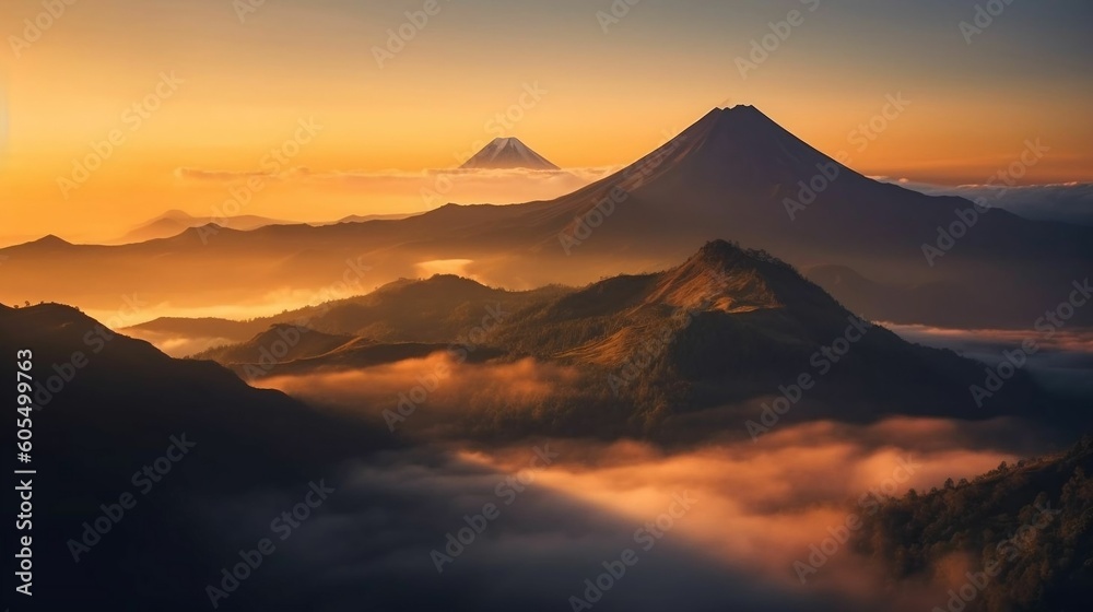 Misty morning light in volcano island mountain landscape. National park, Golden color sunrise moment. Top peak mountain in silhouette background. Travel destination generative ai variation  6