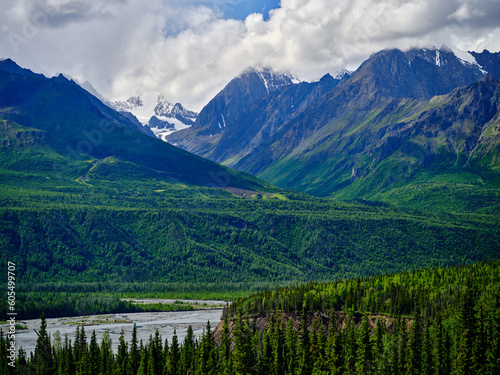 Rugged Mountain peaks and thick forests and valleys in Sutton Alaska near the Matanuska Glacier