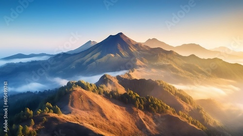Misty morning light in volcano island mountain landscape. National park, Golden color sunrise moment. Top peak mountain in silhouette background. Travel destination generative ai variation 3