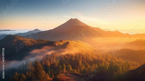 Misty morning light in volcano island mountain landscape. National park, Golden color sunrise moment. Top peak mountain in silhouette background. Travel destination generative ai variation 7 