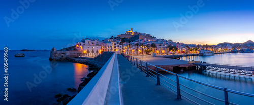 View of Cathedral and Dalt Vila from harbour at dusk, UNESCO World Heritage Site, Ibiza Town, Eivissa, Balearic Islands, Spain, Mediterranean, Europe photo