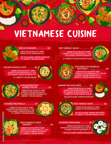 Vietnamese cuisine menu template, food of Vietnam with rice and noodle soup, vector. Vietnamese or Asian restaurant dishes, pho shrimps bowl, pork meta dinner and steamed buns with lemongrass salad