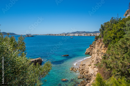 View of hotels overlooking Playa Den Bossa Beach, Ibiza Town, Eivissa, Balearic Islands, Spain, Mediterranean, Europe photo