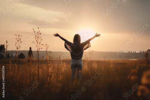 Woman with arms outstretched toward sunrise.