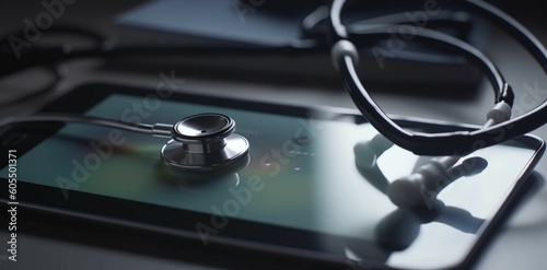 Doctor's close-up Using tablet and stethoscope for remote patient monitoring Generative AI photo