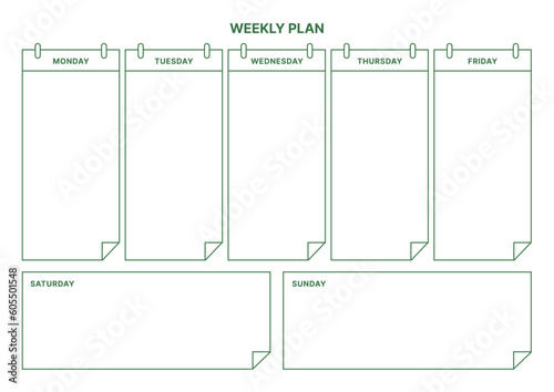 A weekly plan design template in a modern, simple, and minimalist style. Note, scheduler, diary, calendar, planner document template illustration.