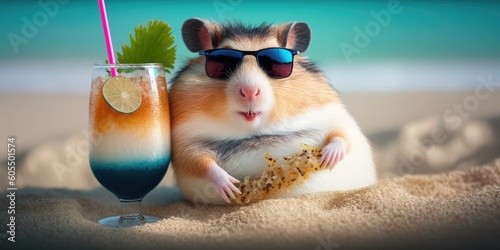 Hamster is on summer vacation at seaside resort and relaxing on summer beach Generative AI photo