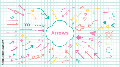 カラフルでレトロポップな手描き矢印。ベクターイラスト素材セット