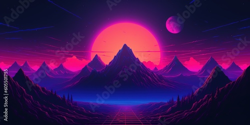 Aesthetic mountain synthwave retrowave wallpaper with a cool and vibrant neon design  Generative AI