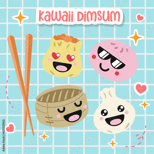 Kawaii food of cute cartoon Dim Sum doodle drawing. Traditional Chinese asian dumplings with funny smiling faces vector flat illustration with japan anime manga style