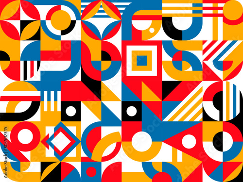 Geometric Bauhaus abstract pattern grid background, modern or retro vector. Bauhaus pattern poster with simple shape elements and colors, Swiss or Scandinavian art mosaic tile with minimal pattern