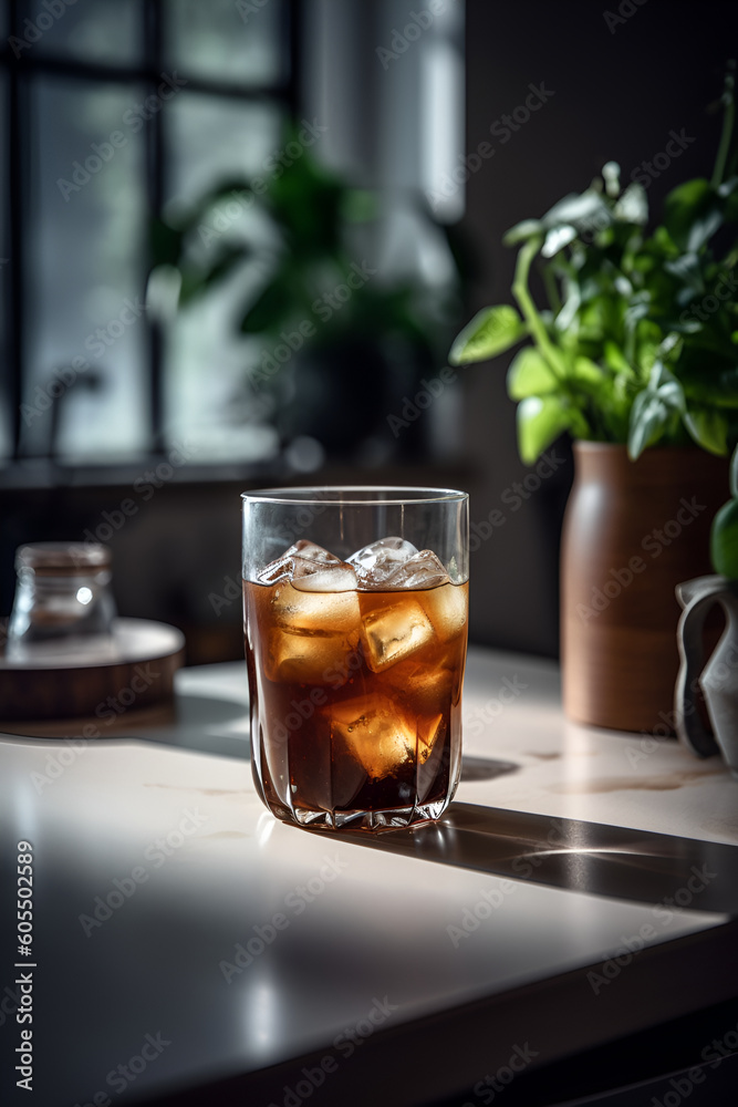 Cold brew with ice in a glass glass on the kitchen table. Coffee drinks. AI generating. Generative AI Cold brew with ice in a glass glass on the kitchen table. Coffee drinks. AI generating. Generative AI