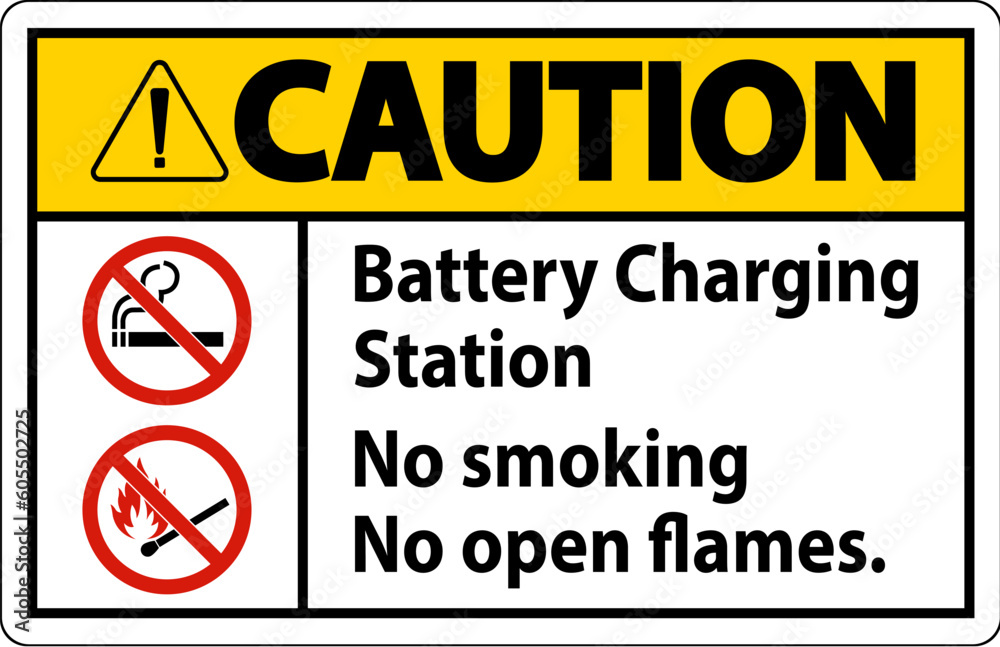 Fototapeta premium Caution Sign Battery Charging Station, No Smoking, No Open Flames