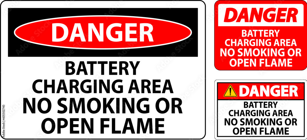 Danger Sign Battery Charging Area, No Smoking Or Open Flame