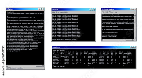Vintage PC software windows interface. Desktop computer old operation system popup window, command app screen or control panel message vector frame with code line, download and installation data