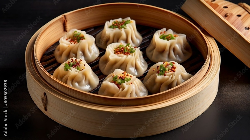Steamed baozi dumplings stuffed with meat in a bamboo steamer. Gray background. Top view generative ai variation 3 Steamed baozi dumplings stuffed with meat in a bamboo steamer. Gray background. Top view generative ai variation 3