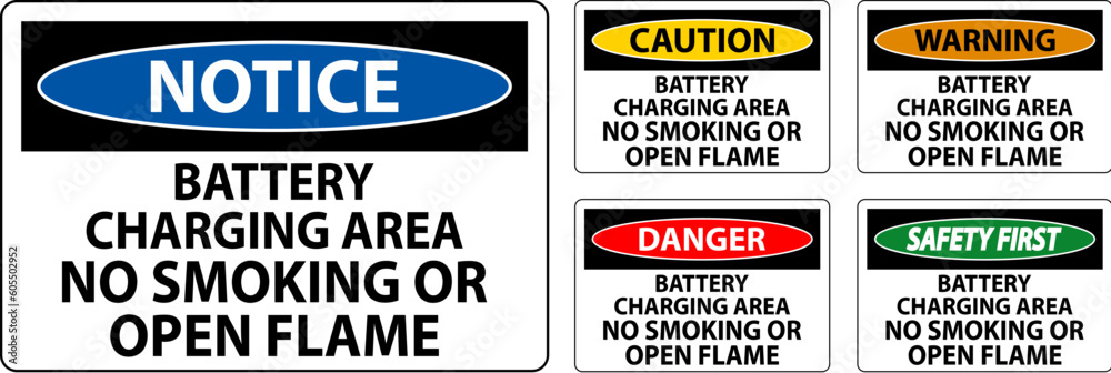 Danger Sign Battery Charging Area, No Smoking Or Open Flame