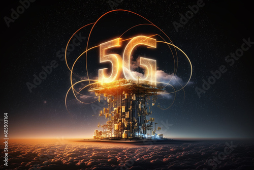  5G global network technology communication antenna tower for wireless high speed internet. Future proof fastest internet technology is LTE aerial network connection - ai