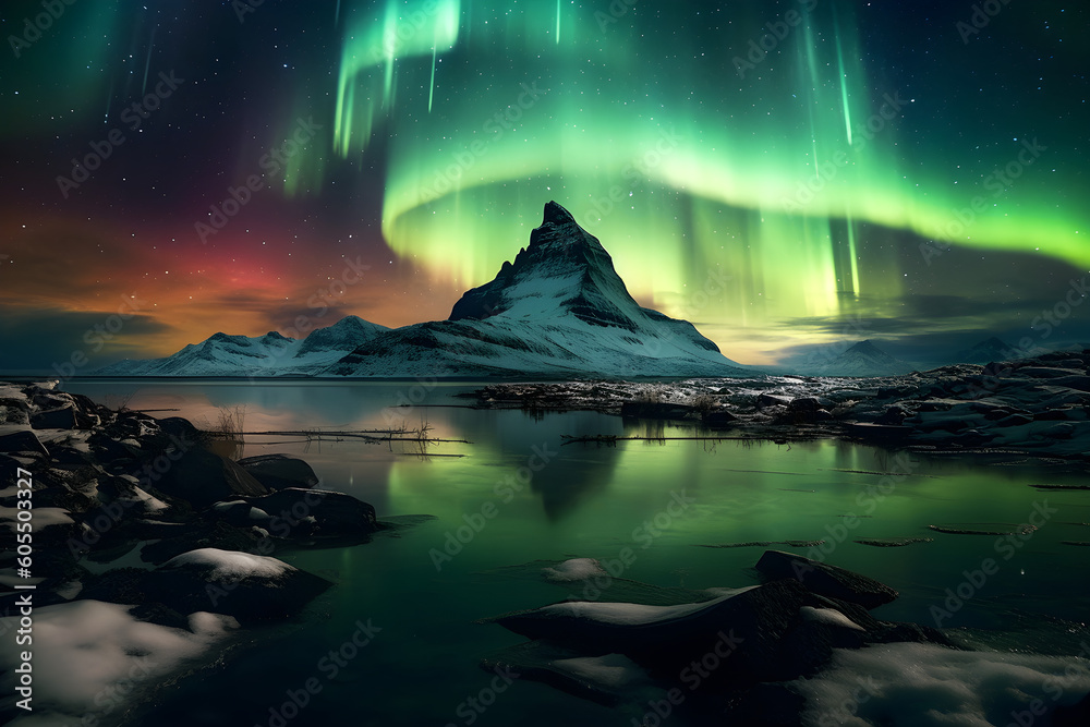 Aurora Borealis Northern Lights Glowing Night Sky Mountain Lake Water Reflection Landscape 