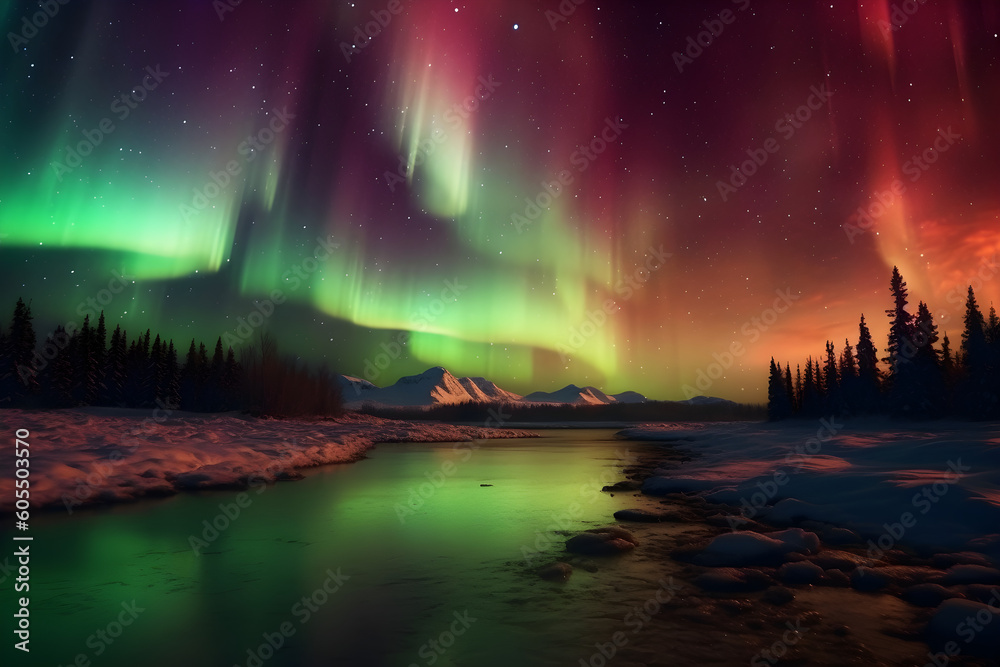 Aurora Borealis Sunset Northern Lights Glowing Night Sky Lake Water Reflection Landscape