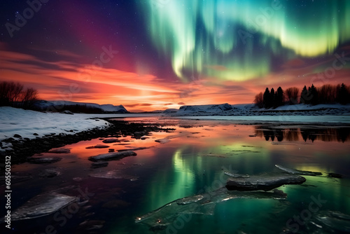 Aurora Borealis Sunset Northern Lights Glowing Night Sky Lake Water Reflection Landscape 