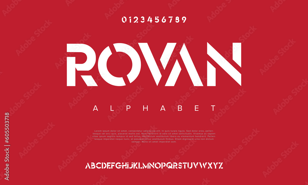 Rovan abstract digital technology logo font alphabet. Minimal modern urban fonts for logo, brand etc. Typography typeface uppercase lowercase and number. vector illustration