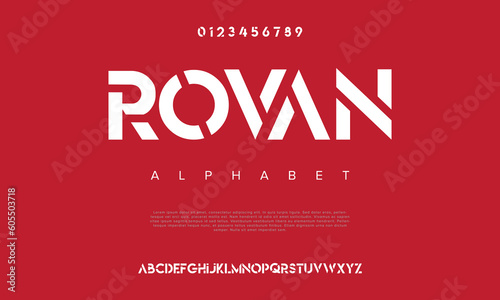 Rovan abstract digital technology logo font alphabet. Minimal modern urban fonts for logo, brand etc. Typography typeface uppercase lowercase and number. vector illustration