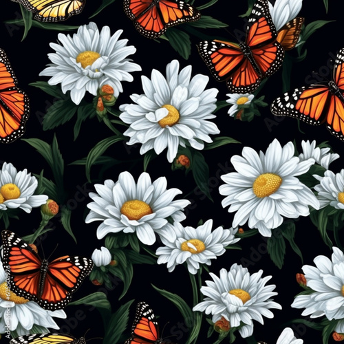 hyper realistic monarch butterflies, pop surrealism seamless pattern, Roy Lichtenstein, beautiful, simple, vivid and vibrant