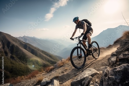 Tablou canvas Active male cyclist riding bike on a mountain