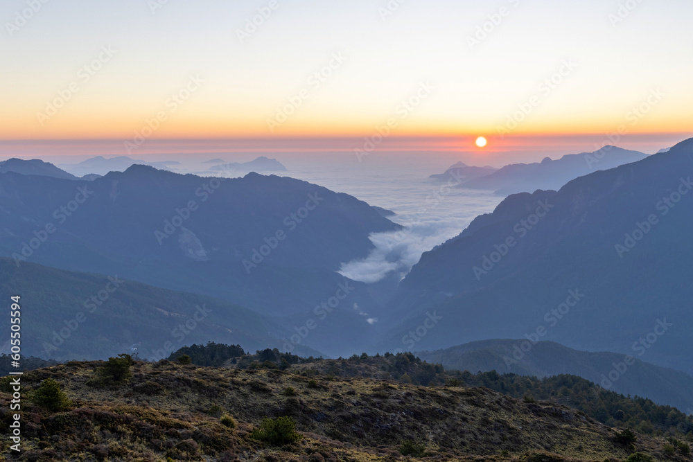 Beautiful sunrise of Hehuanshan North Peak Trail at Hehuanshan National Forest Recreation Area in Nantou Taiwan,