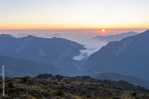 Beautiful sunrise of Hehuanshan North Peak Trail at Hehuanshan National Forest Recreation Area in Nantou Taiwan,