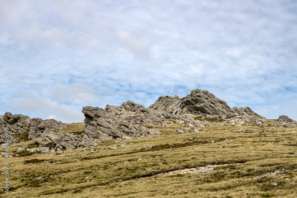 Rocky outcropping in the hills of the Falkland Islands near Stanley