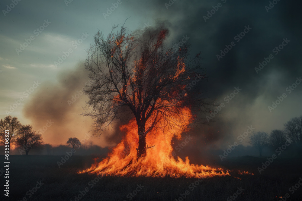 A striking example of the beauty and danger of nature, with a burning tree against a dramatic sky. AI Generative