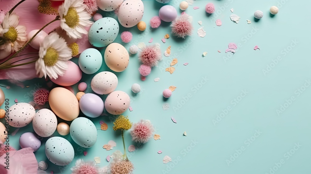 Happy Easter Day concept design of colorful eggs and plants for banner background