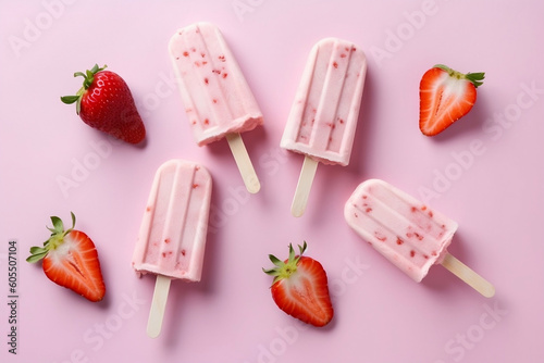 Flying ice cream popsicles with strawberries on pastel background, generative AI