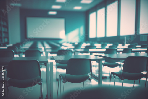 Empty defocused university classroom. generative ai. Business conference room. Blurred school classroom without students with empty chairs and tables - ai. © azlen