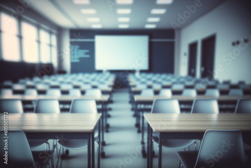 Empty defocused university classroom. generative ai. Business conference room. Blurred school classroom without students with empty chairs and tables - ai. © azlen
