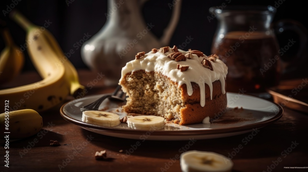 banana cake with cream cheese with banana slices on it blur background