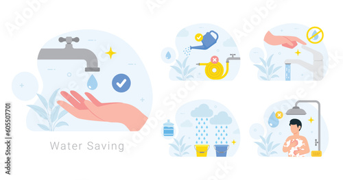 Water saving illustration concept. Save the water resources sustainable consumption, cost effective lifestyle