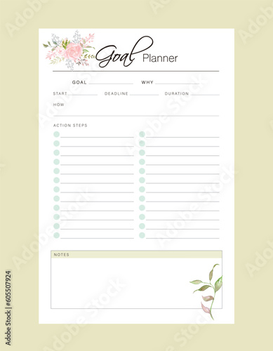 Goal planner. (Floral) Make your day more easily and happy. Vector Print template.