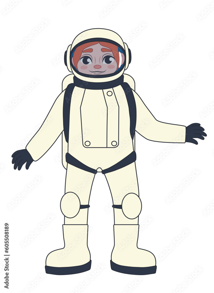 Female astronaut in space suit on white background