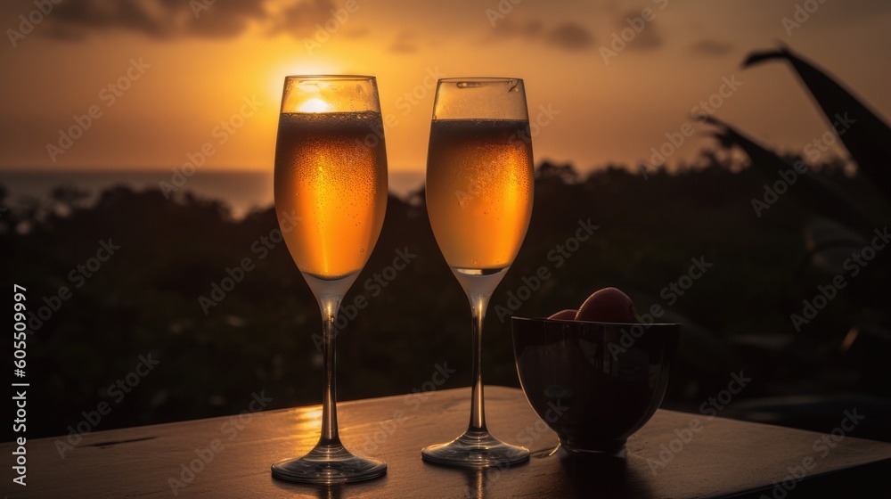 Two glasses of Champagne at sunset in a close-up shot, macro shot -  made with Generative AI tools