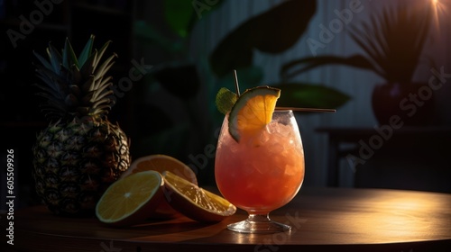 Strawberry Colada Cocktail at sunset in a close-up shot, macro shot -  made with Generative AI tools