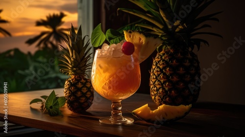 Pina Colada Cocktail at sunset in a close-up shot, macro shot -  made with Generative AI tools
