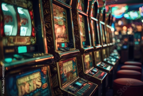 Slot machines in a casino in a close-up shot, macro shot -  made with Generative AI tools © 4kclips