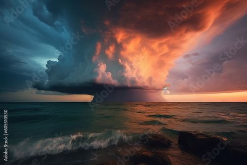 puntual storm on the ocean at sunset