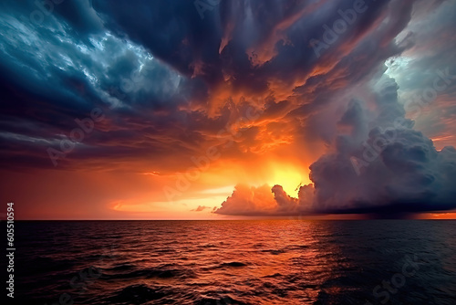 storm on the ocean with blue and orange colors with high clouds