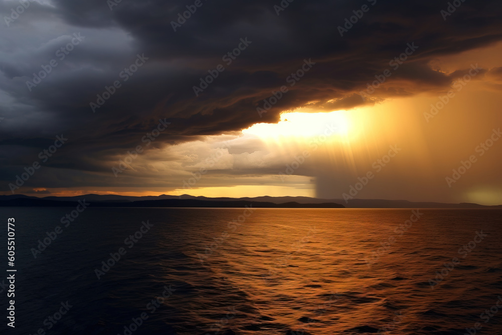 heavy rain on the ocean at sunset