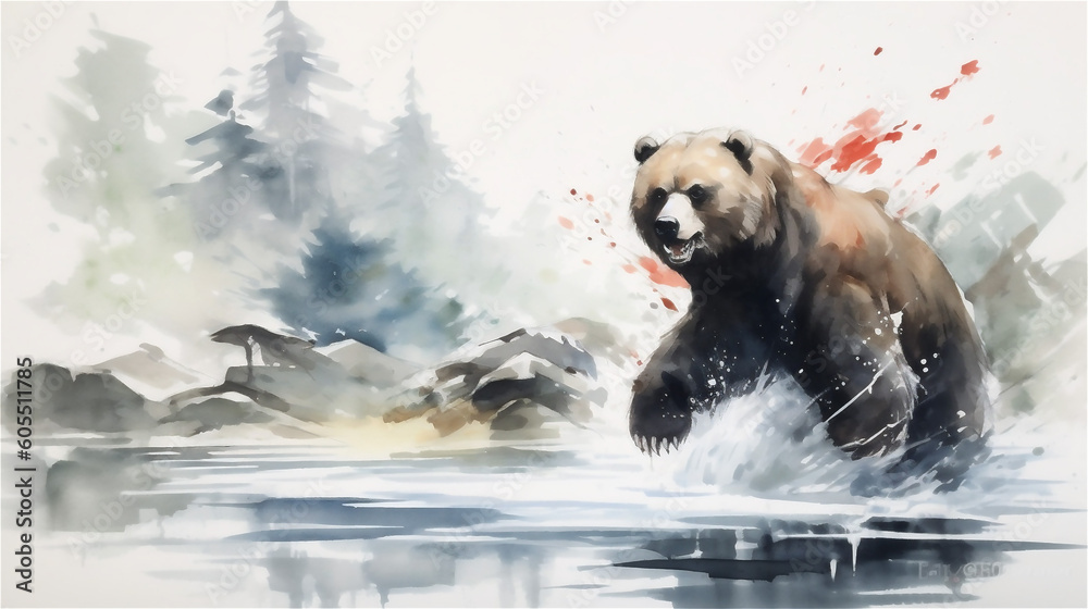 Generative AI, Riverside Feast: Bear Catching a Fish